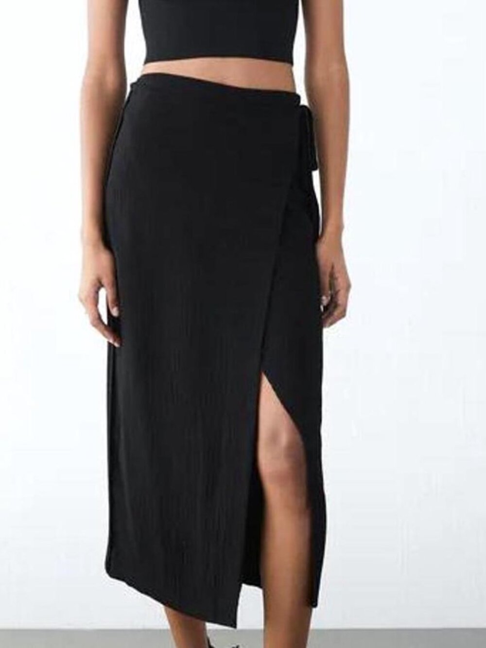 Zara Black Crinkle Wrap Midi Skirt Beach Swim Cover Up Small Gauze Textured